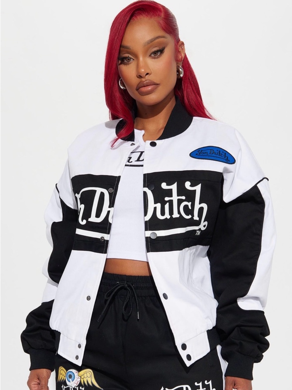 Von Dutch Black & White Varsity Logo Snap Front Bomber Jacket Coat NEW L
